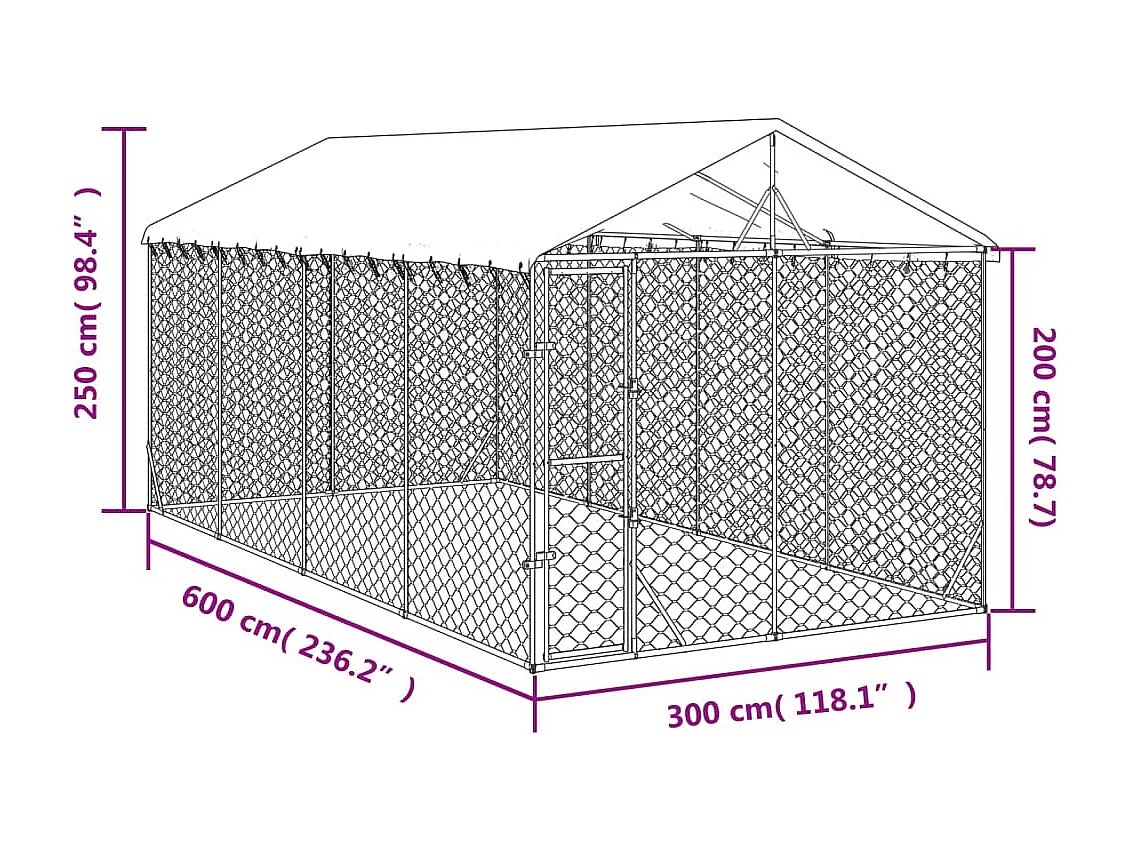 Chenil d'extérieur pour chiens avec toit argenté 3x6x2,5 m