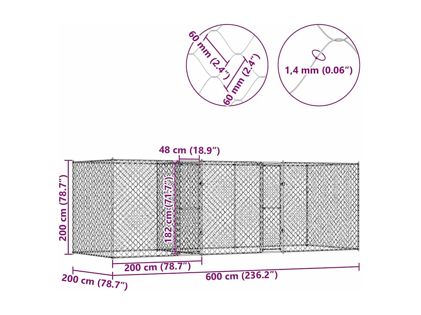 Jaula para perro Plateado 600 x 200 x 200 cm Acero Galvanizado