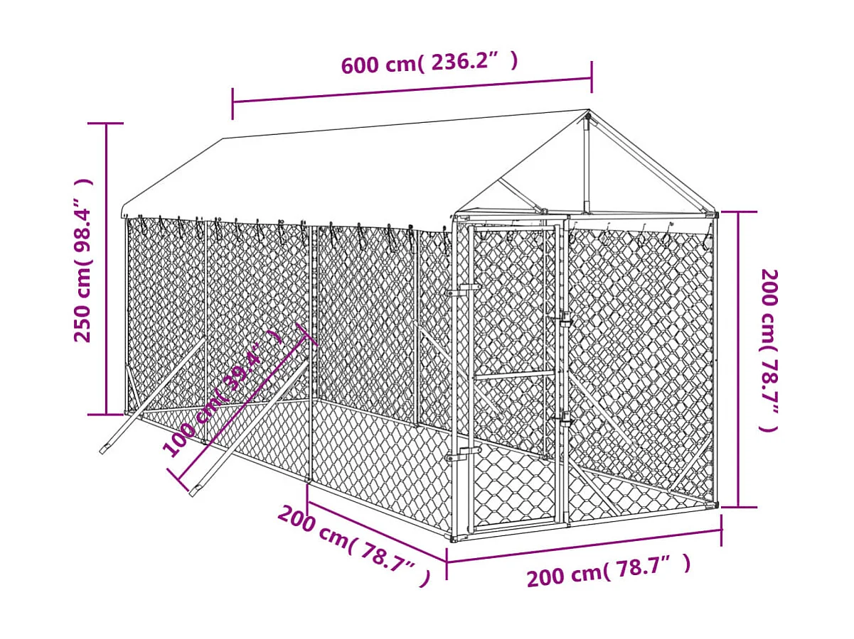 Perrera de exterior con toldo acero galvanizado plata 2x6x2,5 m