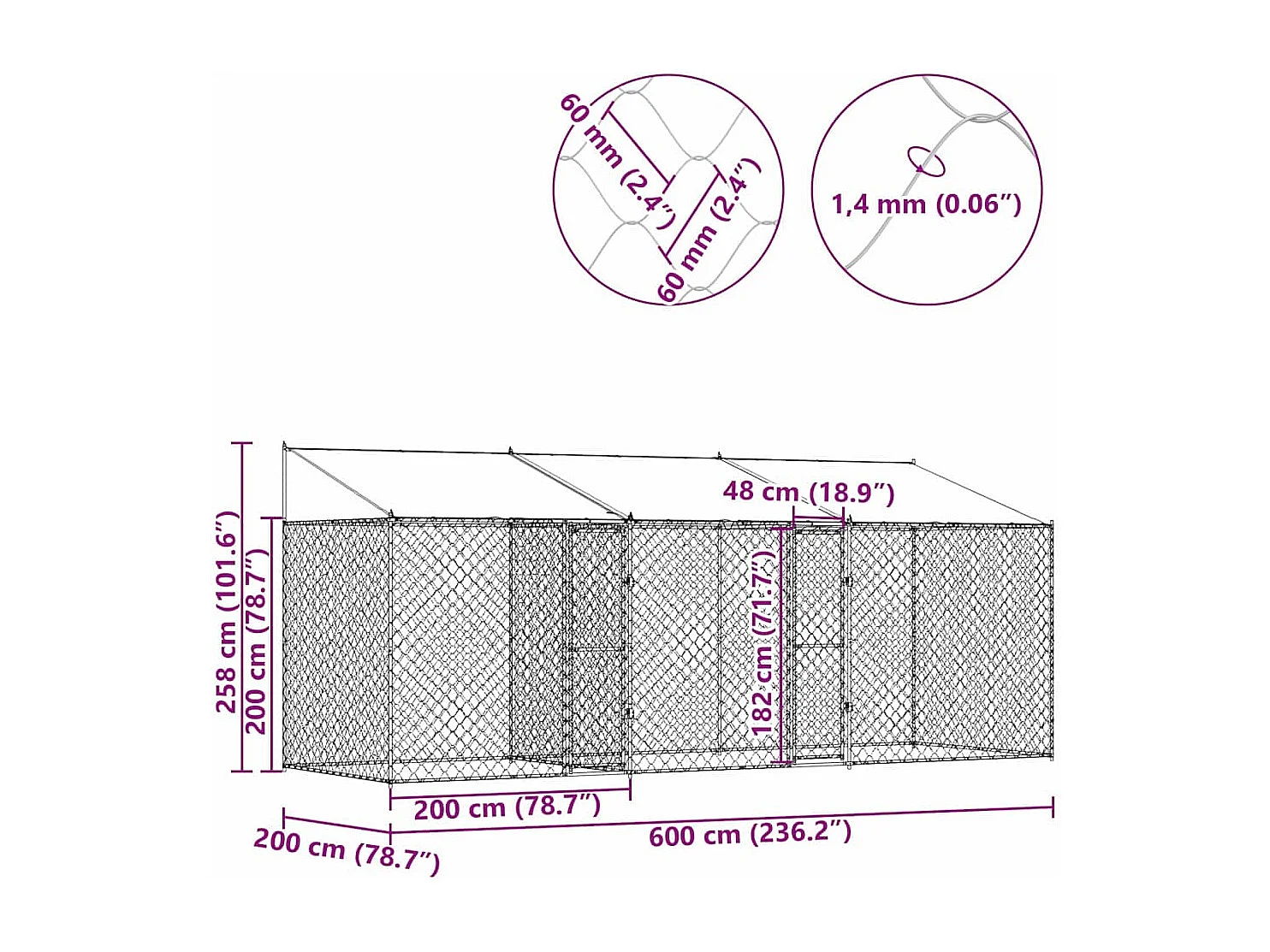 Cage pour chien Argent 600 x 200 x 256 cm Acier galvanisé