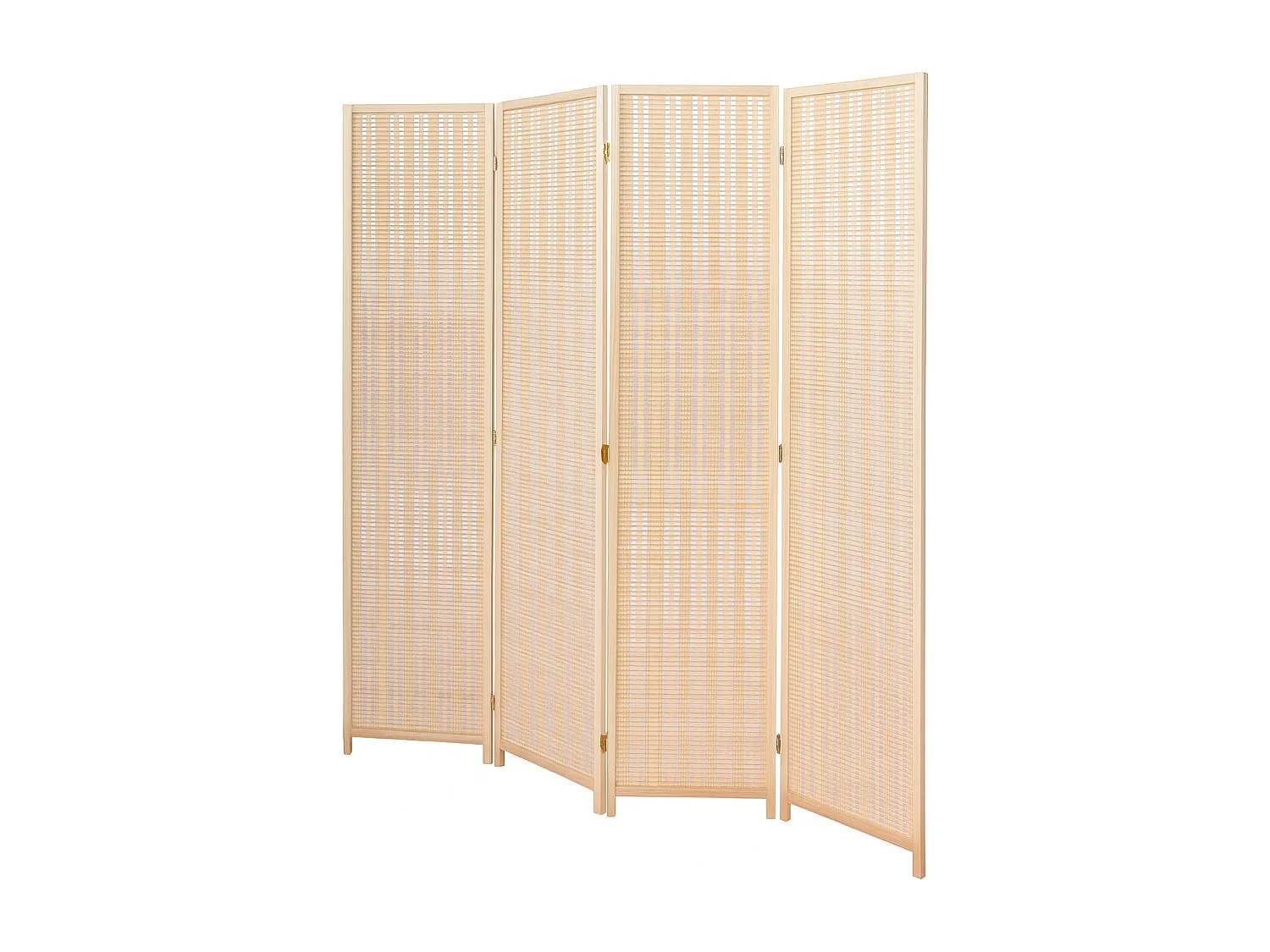 Paravent japonais en bois et bambou tressé de 4 pans, coloris naturel - Longueur 176 x Hauteur 175 x Profondeur 2 cm