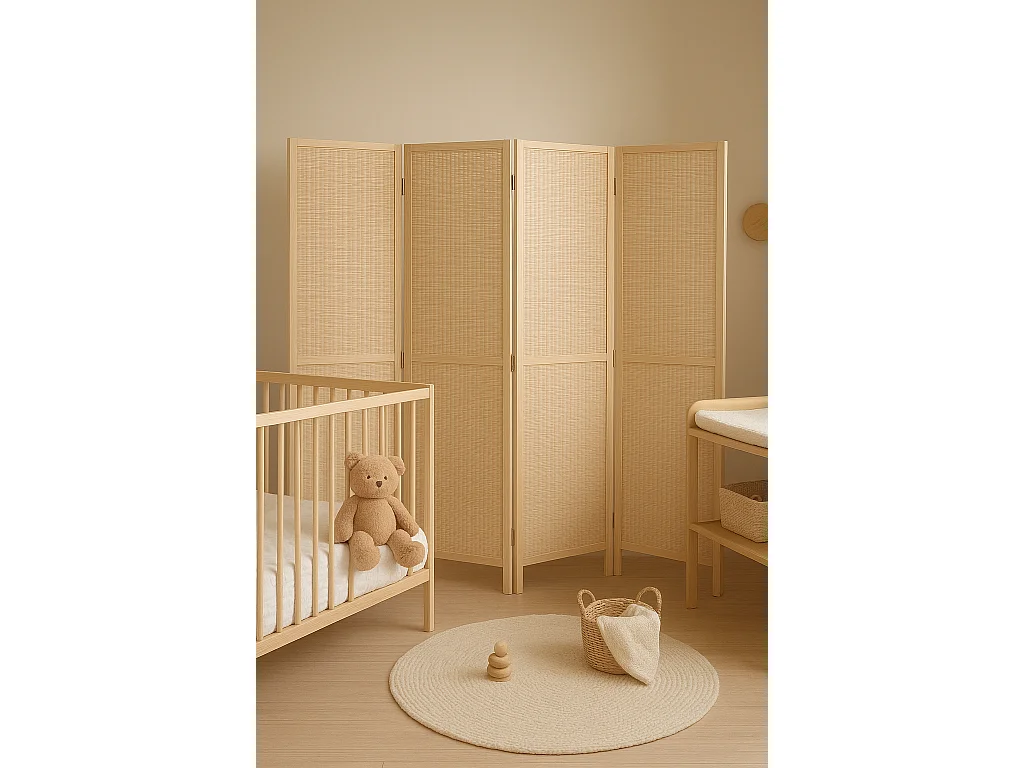 Paravent japonais en bois et bambou tressé de 4 pans, coloris naturel - Longueur 176 x Hauteur 175 x Profondeur 2 cm