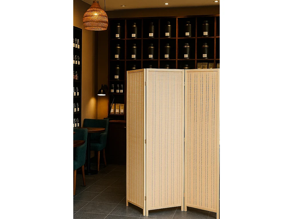 Paravent japonais en bois et bambou tressé de 4 pans, coloris naturel - Longueur 176 x Hauteur 175 x Profondeur 2 cm