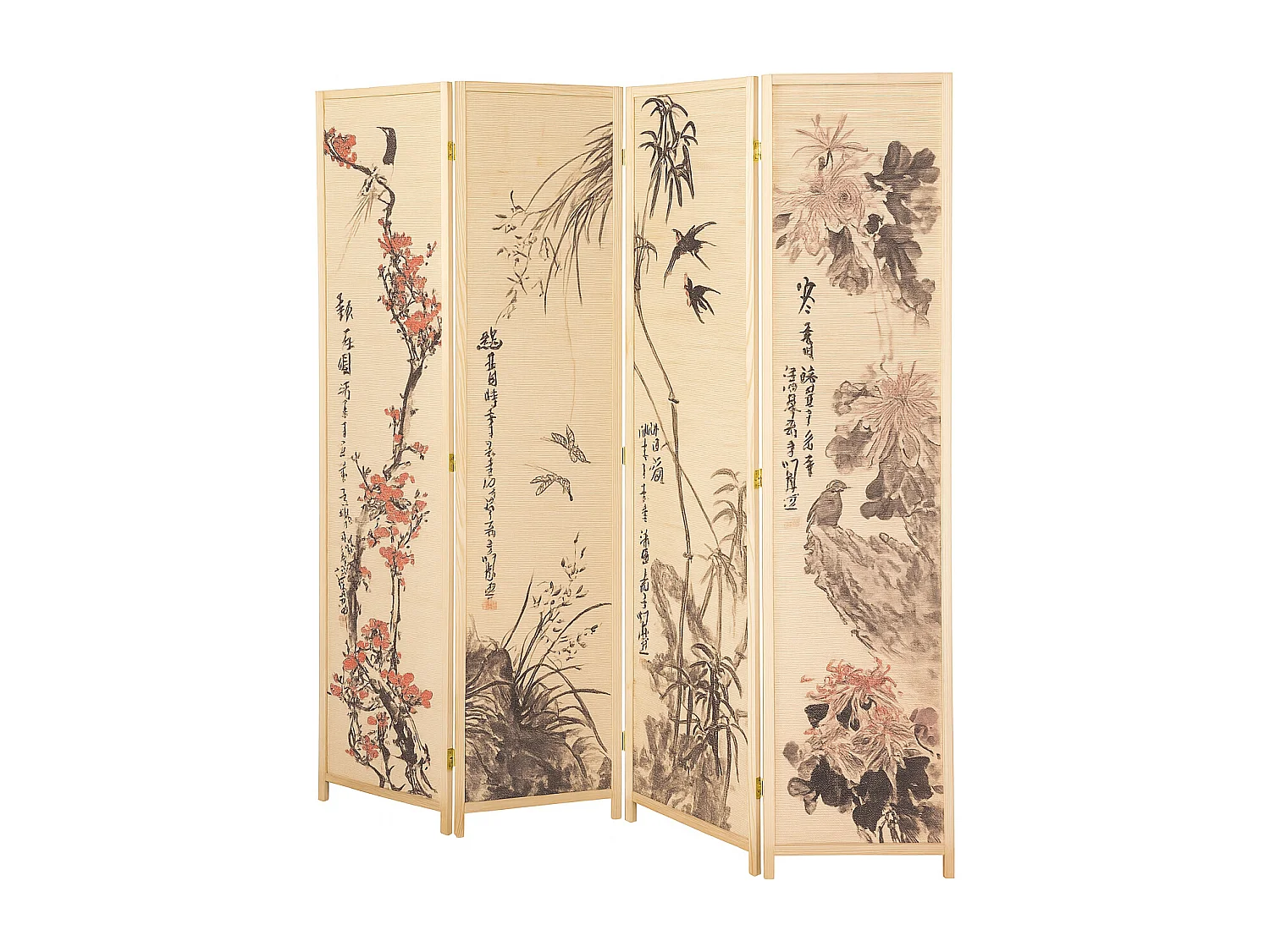 Paravent japonais en bois et bambou 4 pans avec dessin coloris naturel - Hauteur 175 x Largeur 176 x Profondeur 2 cm