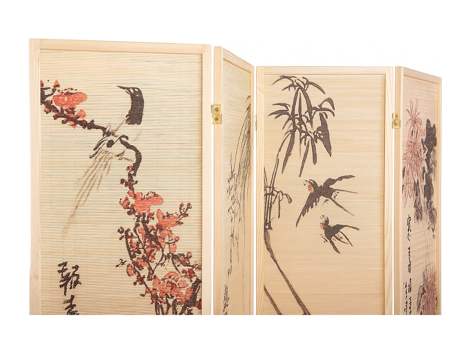 Paravent japonais en bois et bambou 4 pans avec dessin coloris naturel - Hauteur 175 x Largeur 176 x Profondeur 2 cm
