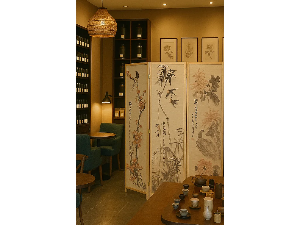 Paravent japonais en bois et bambou 4 pans avec dessin coloris naturel - Hauteur 175 x Largeur 176 x Profondeur 2 cm