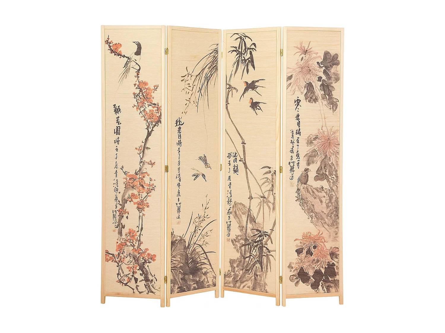 Paravent japonais en bois et bambou 4 pans avec dessin coloris naturel - Hauteur 175 x Largeur 176 x Profondeur 2 cm