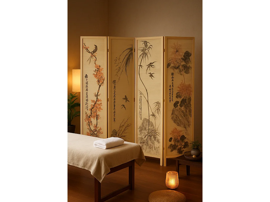 Paravent japonais en bois et bambou 4 pans avec dessin coloris naturel - Hauteur 175 x Largeur 176 x Profondeur 2 cm