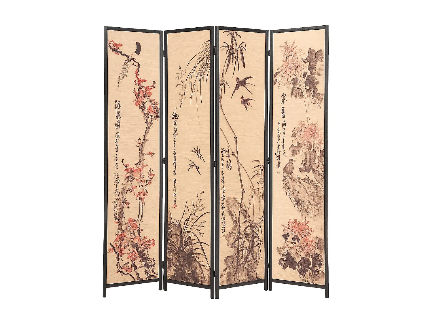 Paravent japonais en bois et bambou 4 pans avec dessin coloris noir - Hauteur 175 x Largeur 176 x Profondeur 2 cm