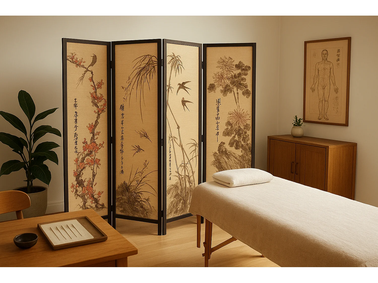 Paravent japonais en bois et bambou 4 pans avec dessin coloris noir - Hauteur 175 x Largeur 176 x Profondeur 2 cm