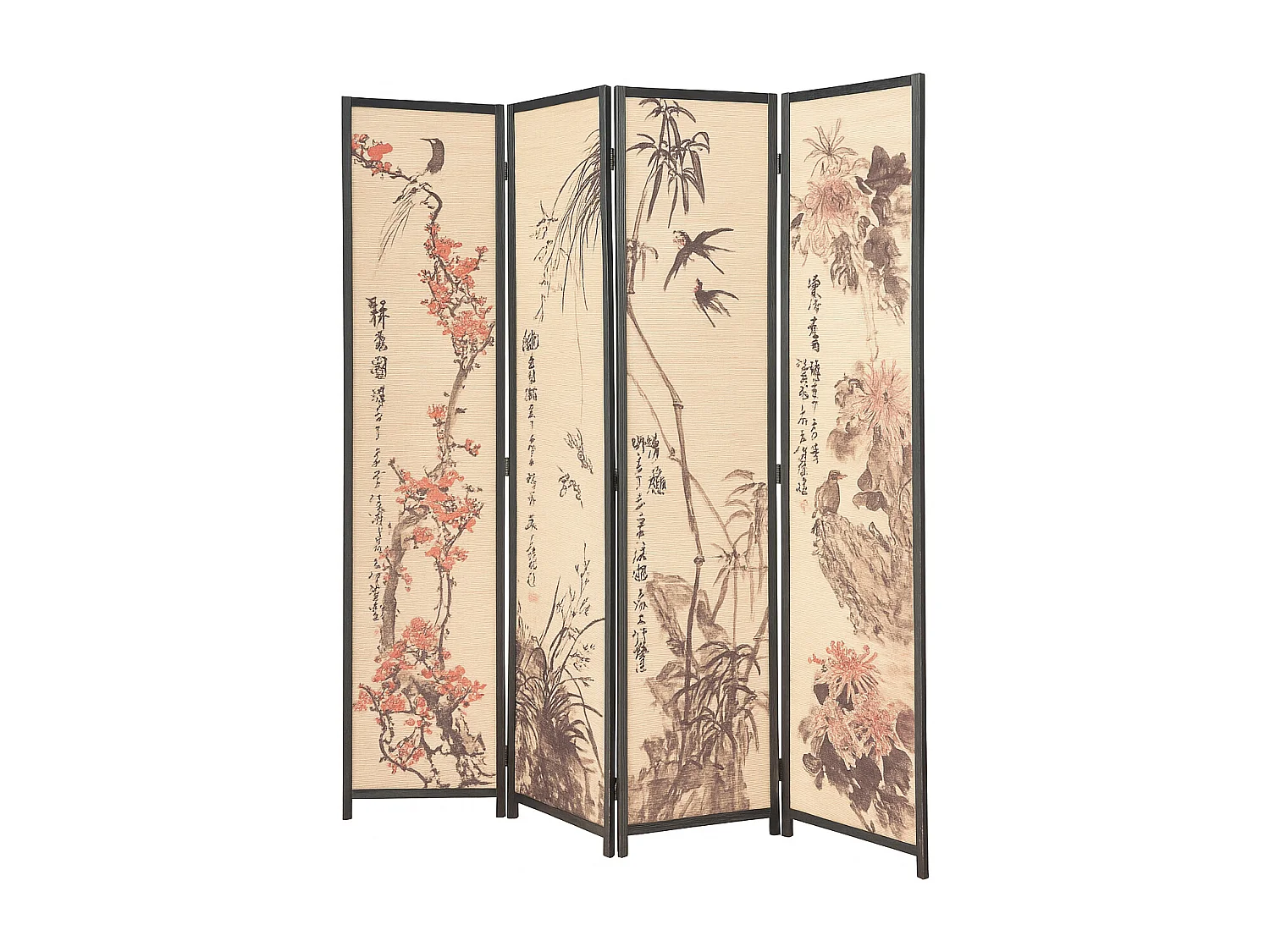 Paravent japonais en bois et bambou 4 pans avec dessin coloris noir - Hauteur 175 x Largeur 176 x Profondeur 2 cm