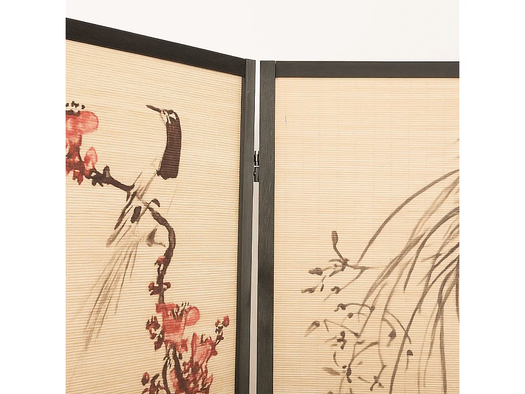 Paravent japonais en bois et bambou 4 pans avec dessin coloris noir - Hauteur 175 x Largeur 176 x Profondeur 2 cm