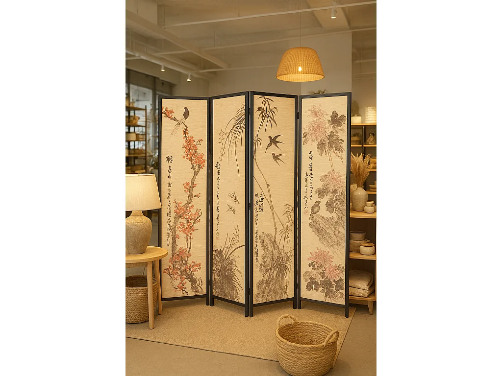 Paravent japonais en bois et bambou 4 pans avec dessin coloris noir - Hauteur 175 x Largeur 176 x Profondeur 2 cm