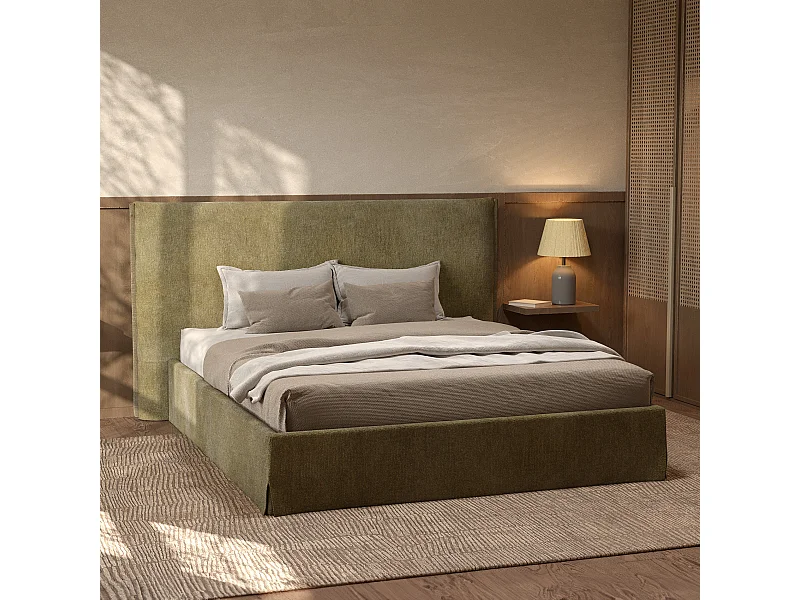 Lit coffre 160x200 cm en tissu vert olive déhoussable - Safia