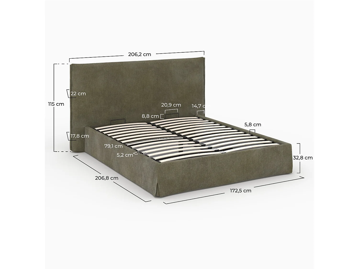 Lit coffre 160x200 cm en tissu vert olive déhoussable - Safia