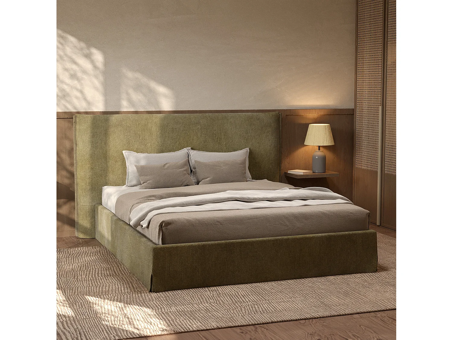 Cama con cofres 160x200 cm en tela verde oliva desmontable - Safia