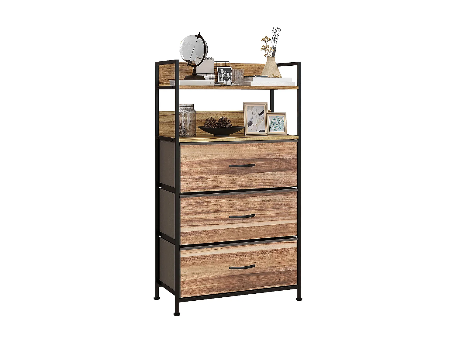 Commode 3 tiroirs 2 étagères - dim.  60L x 29l x 101H cm - châssis piètement métal noir tiroirs non tissés façades aspect bois