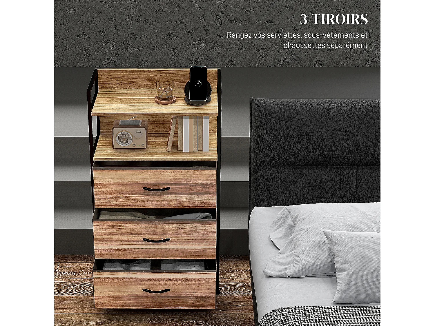 Commode 3 tiroirs 2 étagères - dim.  60L x 29l x 101H cm - châssis piètement métal noir tiroirs non tissés façades aspect bois
