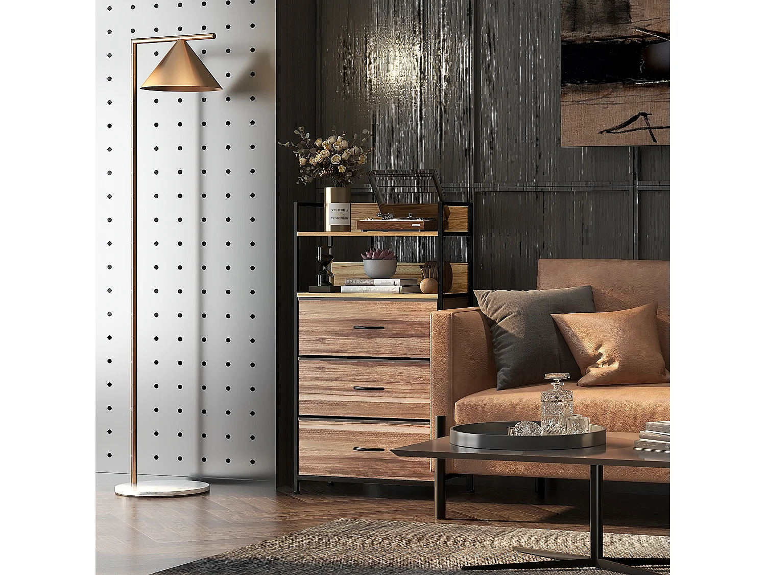 Commode 3 tiroirs 2 étagères - dim.  60L x 29l x 101H cm - châssis piètement métal noir tiroirs non tissés façades aspect bois