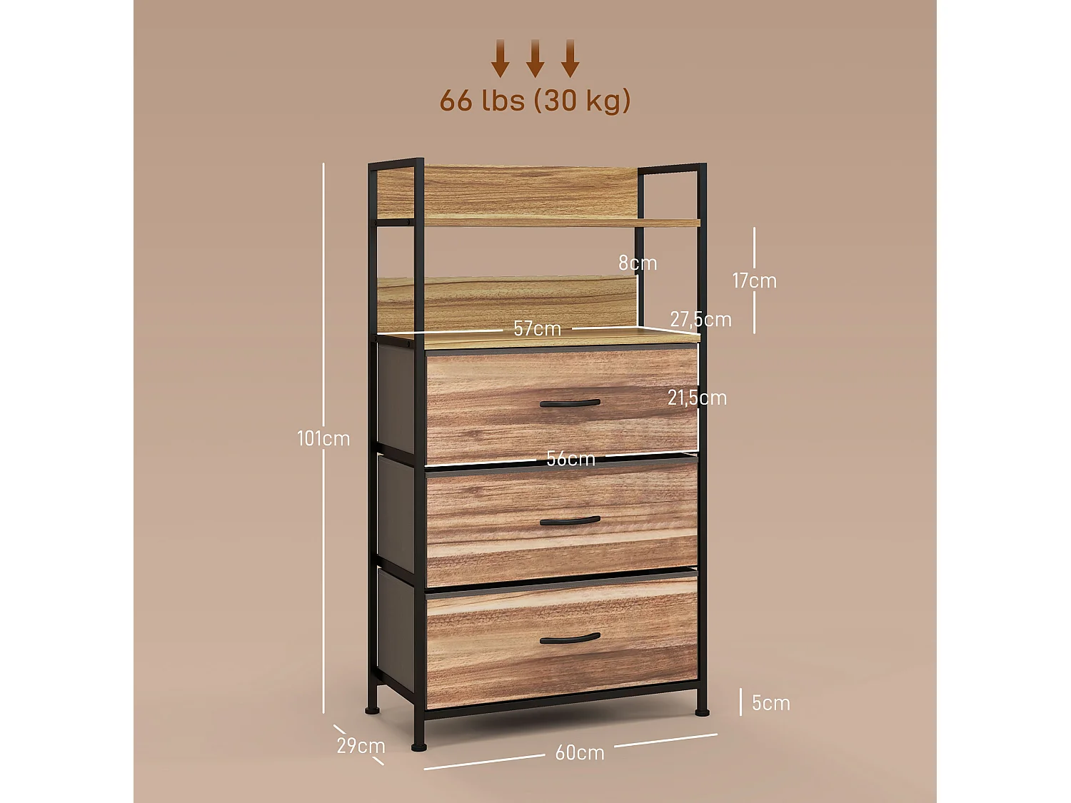 Commode 3 tiroirs 2 étagères - dim.  60L x 29l x 101H cm - châssis piètement métal noir tiroirs non tissés façades aspect bois