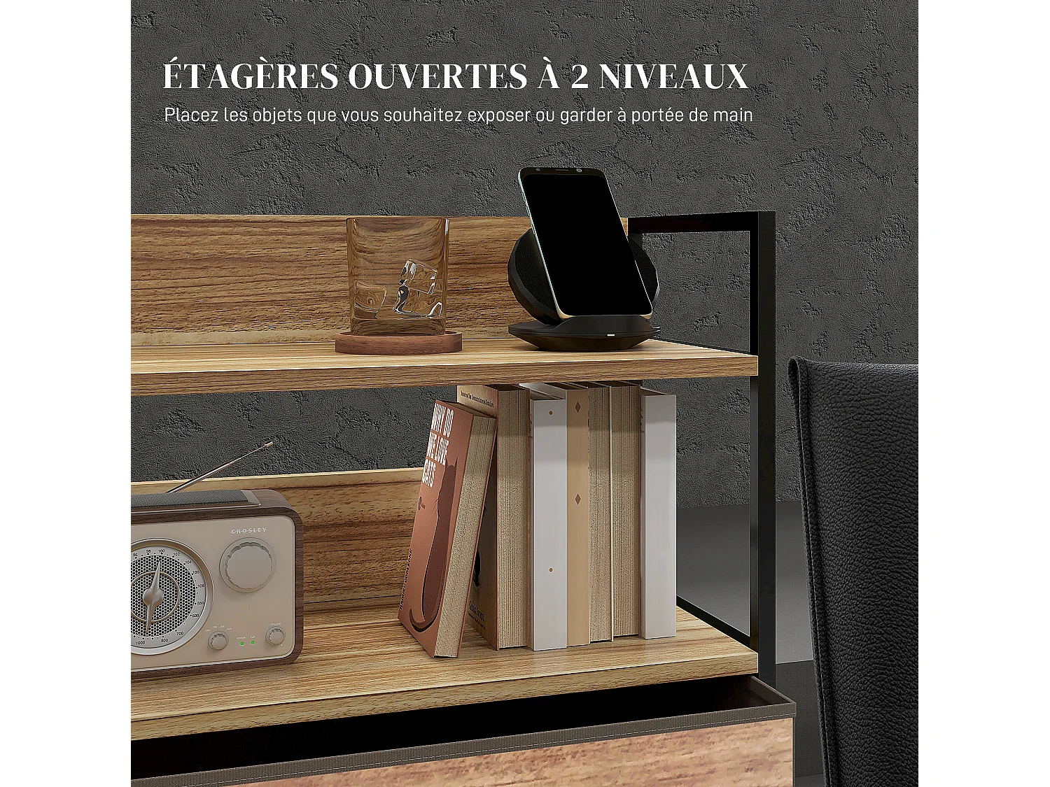 Commode 3 tiroirs 2 étagères - dim.  60L x 29l x 101H cm - châssis piètement métal noir tiroirs non tissés façades aspect bois