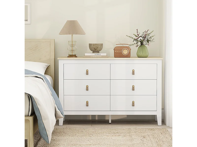 Commode 6 tiroirs sur pieds dim. 120 x 40 x 78 cm poignées PU métal doré blanc effet bois clair