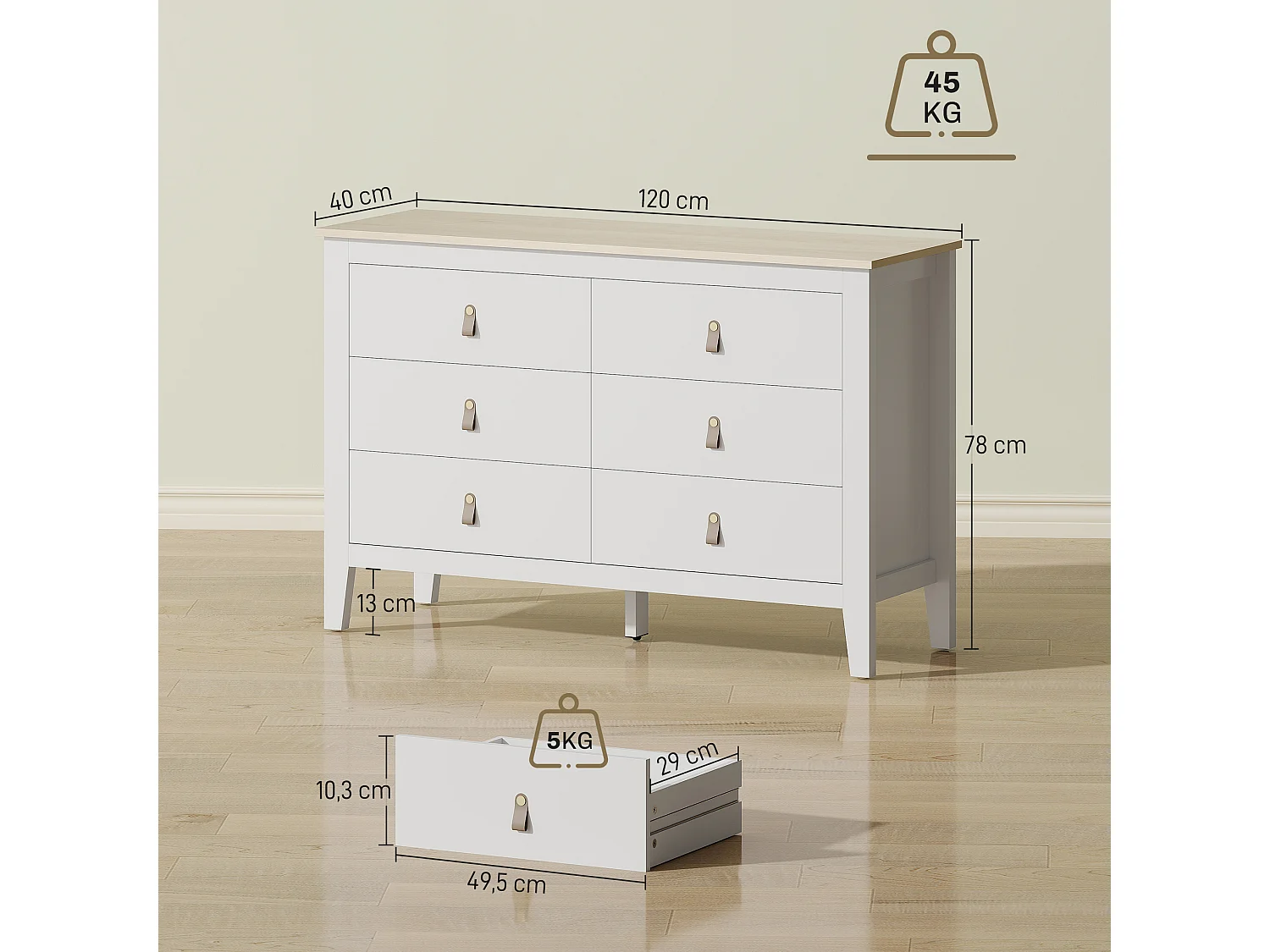 Commode 6 tiroirs sur pieds dim. 120 x 40 x 78 cm poignées PU métal doré blanc effet bois clair