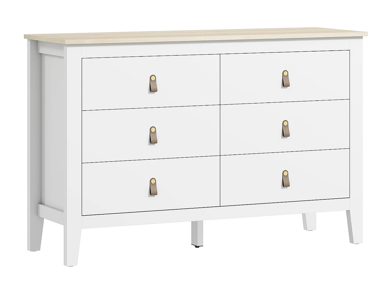 Commode 6 tiroirs sur pieds dim. 120 x 40 x 78 cm poignées PU métal doré blanc effet bois clair