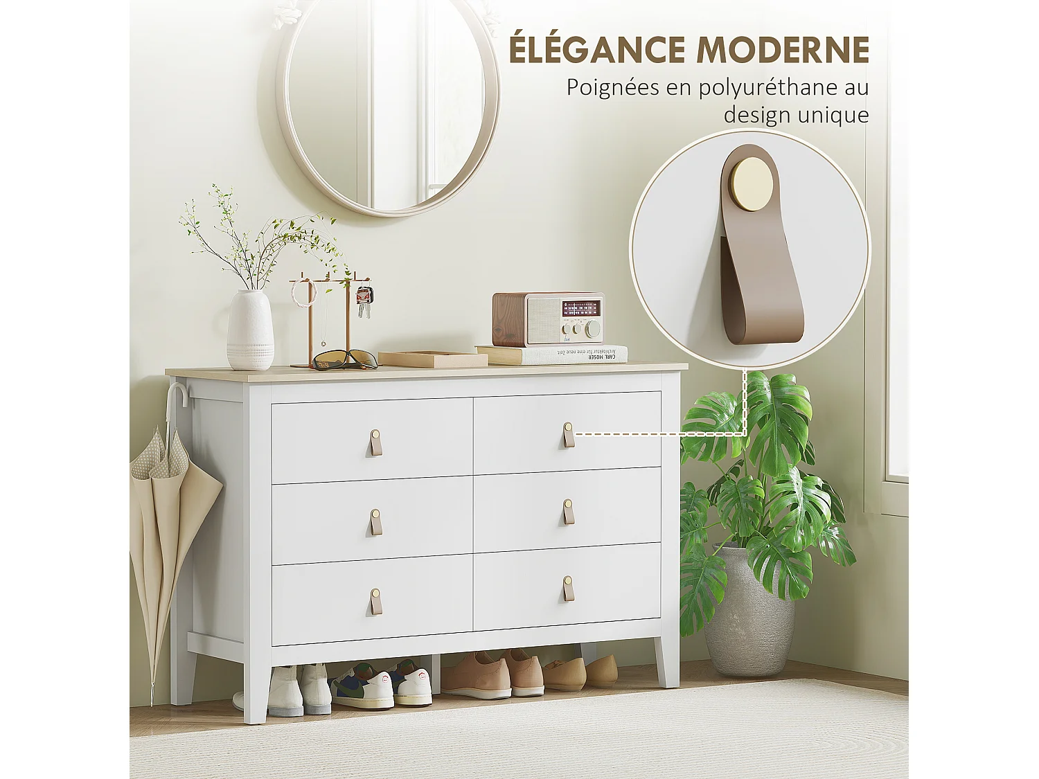 Commode 6 tiroirs sur pieds dim. 120 x 40 x 78 cm poignées PU métal doré blanc effet bois clair