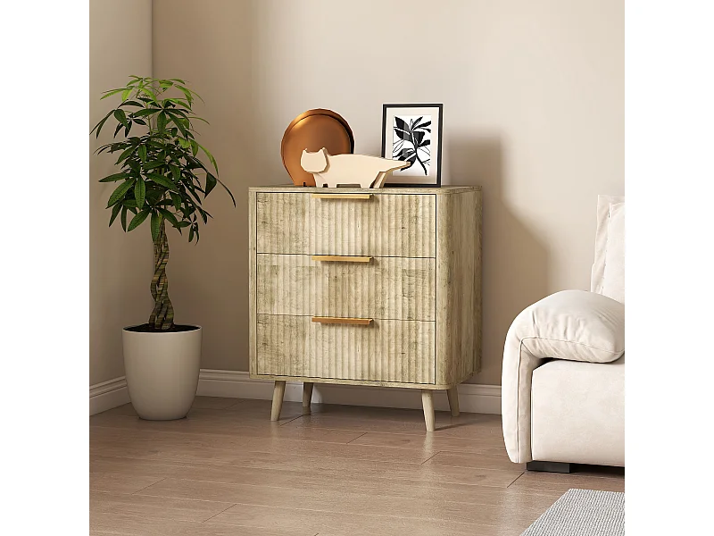 Commode 3 tiroirs effet bois façades cannelées poignées métal doré