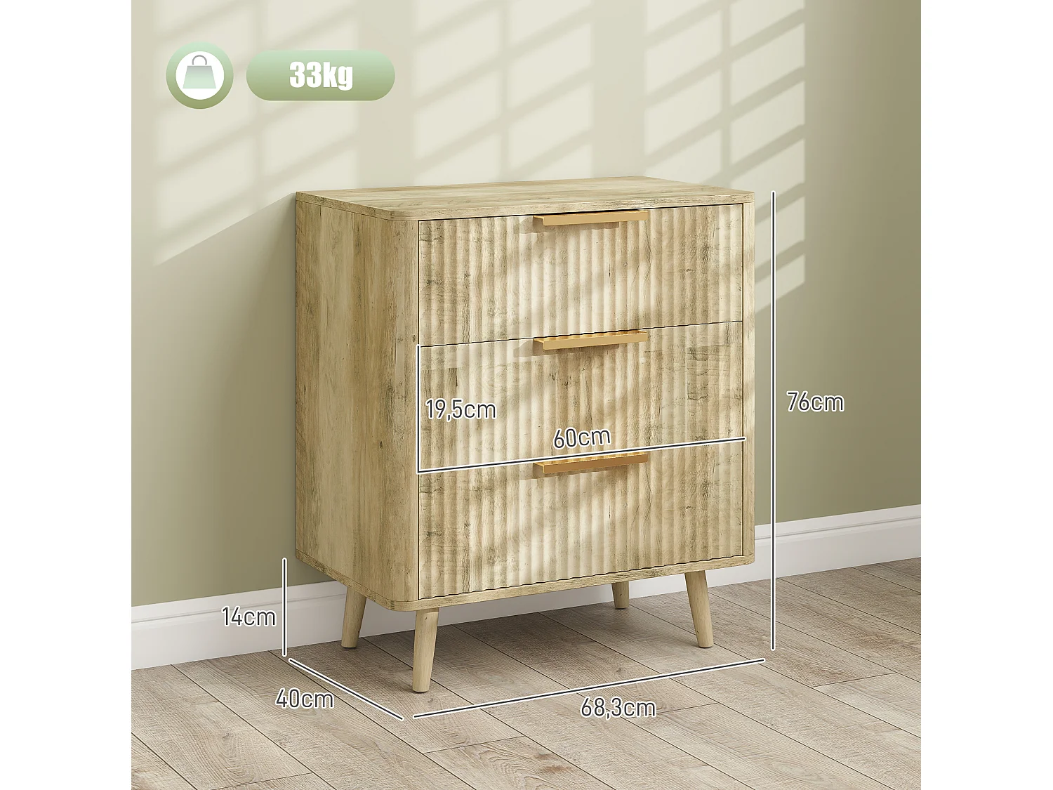 Commode 3 tiroirs effet bois façades cannelées poignées métal doré