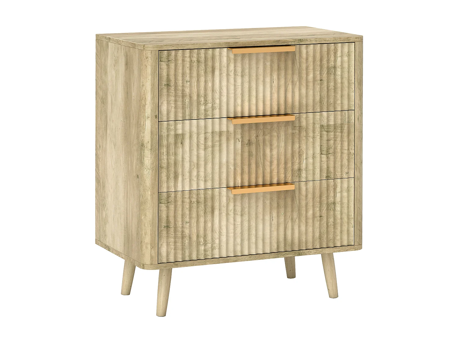 Commode 3 tiroirs effet bois façades cannelées poignées métal doré