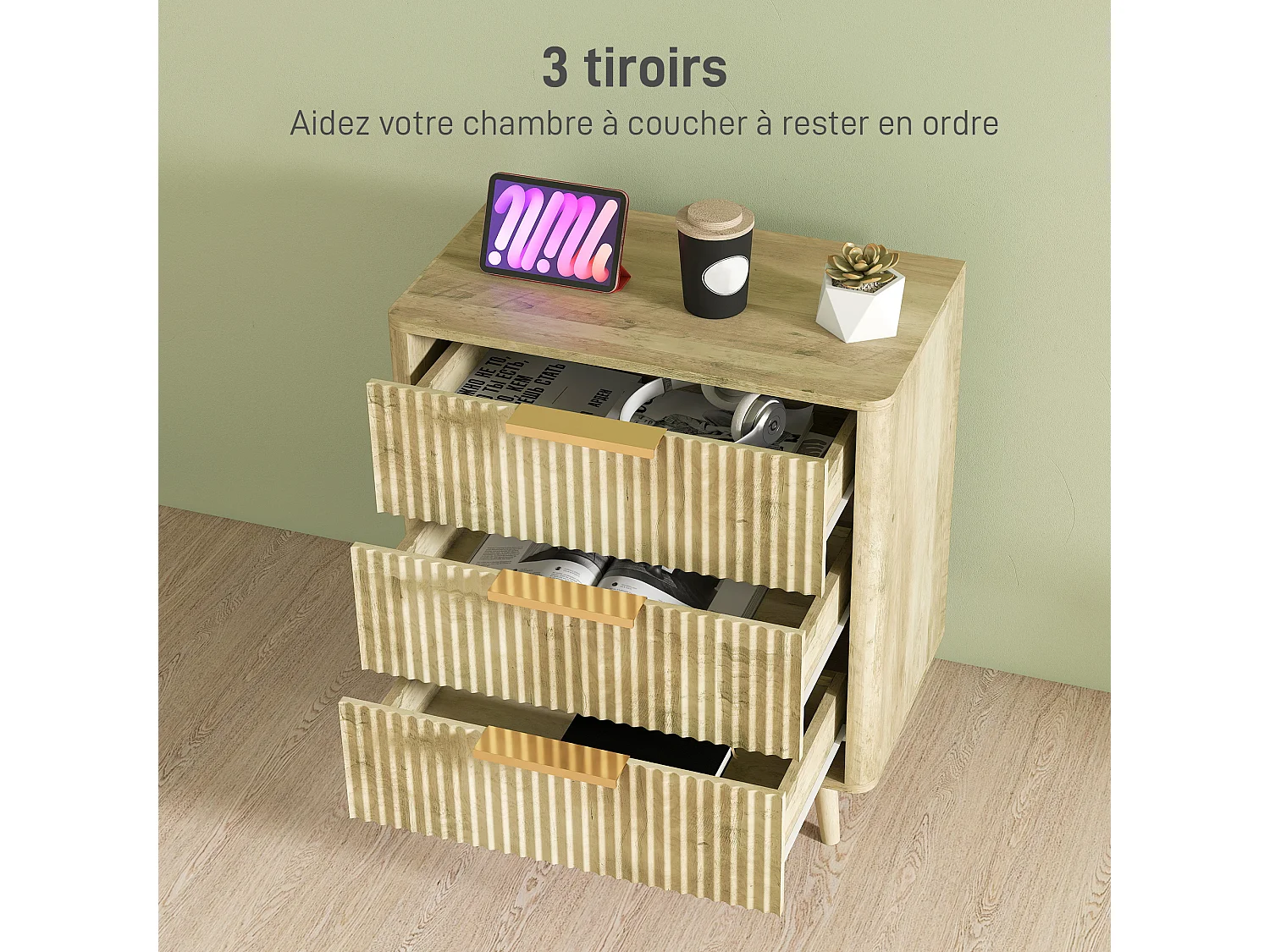 Commode 3 tiroirs effet bois façades cannelées poignées métal doré