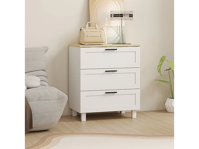 Commode 3 tiroirs sur pieds - 60 x 38 x 71 cm - poignées métal noir - effet bois clair blanc