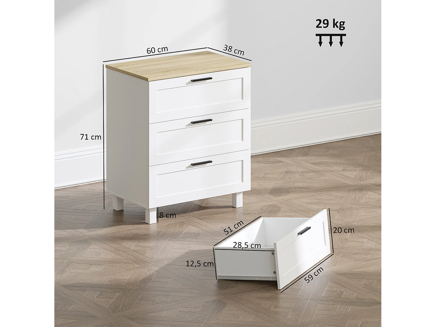 Commode 3 tiroirs sur pieds - 60 x 38 x 71 cm - poignées métal noir - effet bois clair blanc