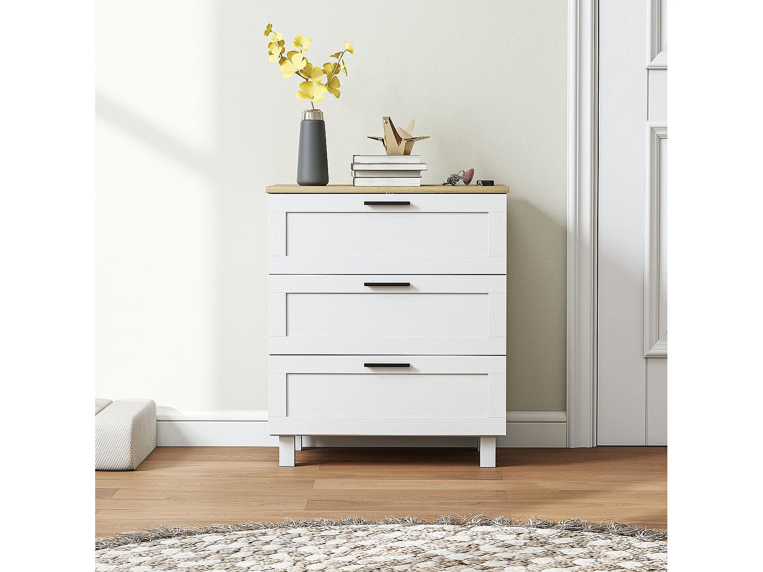 Commode 3 tiroirs sur pieds - 60 x 38 x 71 cm - poignées métal noir - effet bois clair blanc