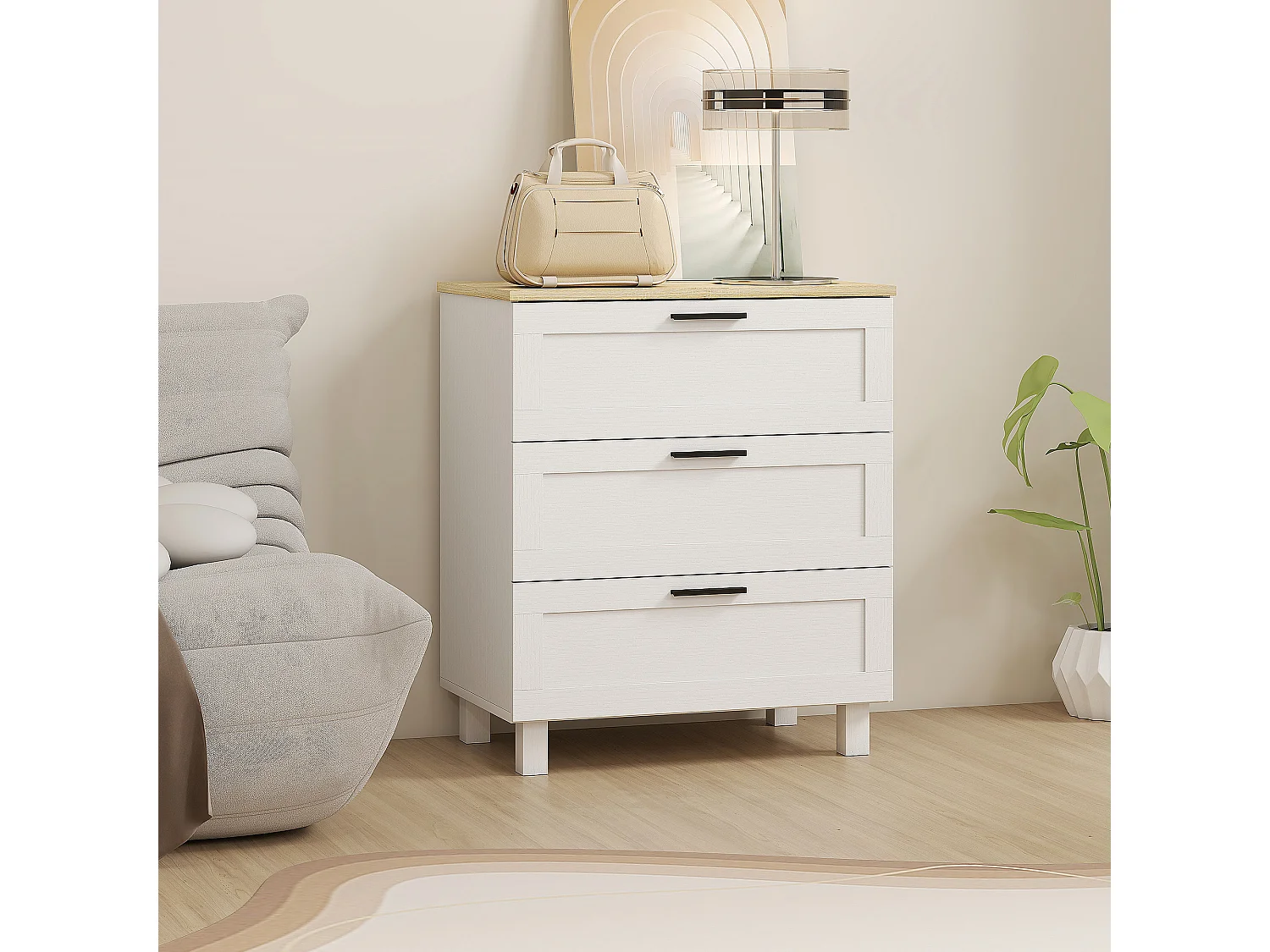 Commode 3 tiroirs sur pieds - 60 x 38 x 71 cm - poignées métal noir - effet bois clair blanc