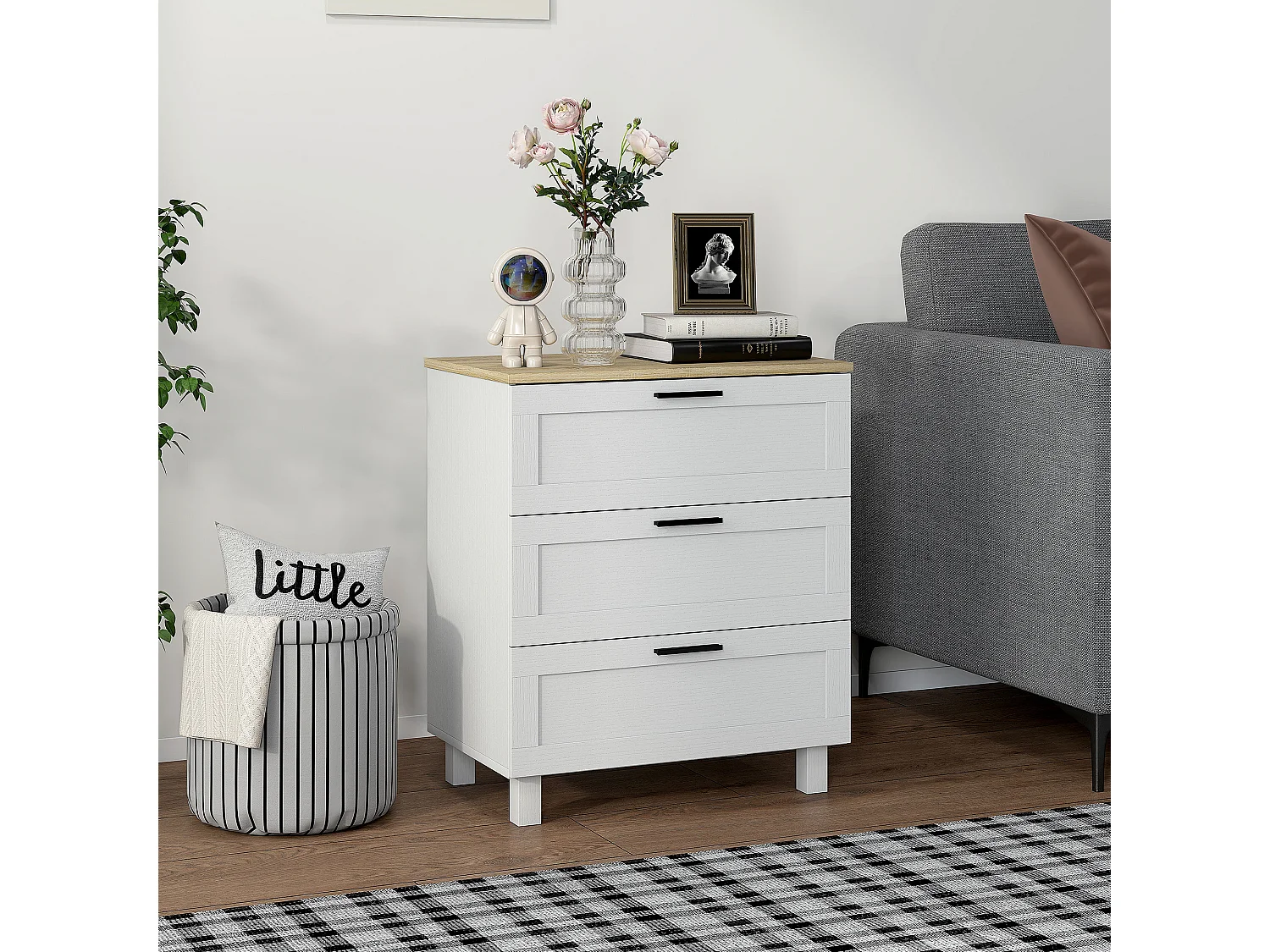 Commode 3 tiroirs sur pieds - 60 x 38 x 71 cm - poignées métal noir - effet bois clair blanc