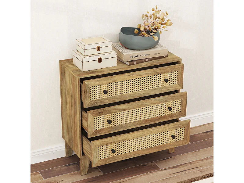 Commode 3 tiroirs style bohème chic cannage en rotin aspect bois de manguier