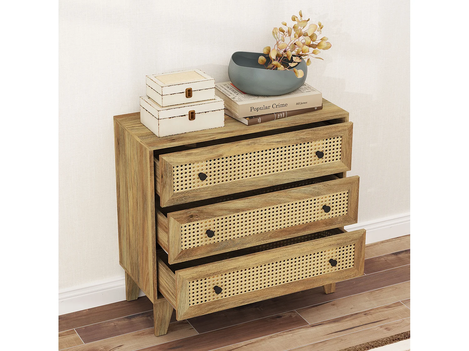 Commode 3 tiroirs style bohème chic cannage en rotin aspect bois de manguier