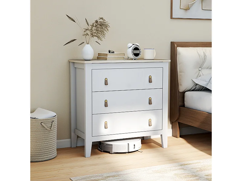 Commode 3 tiroirs sur pieds dim. 80 x 40 x 78 cm poignées PU métal doré blanc effet bois clair