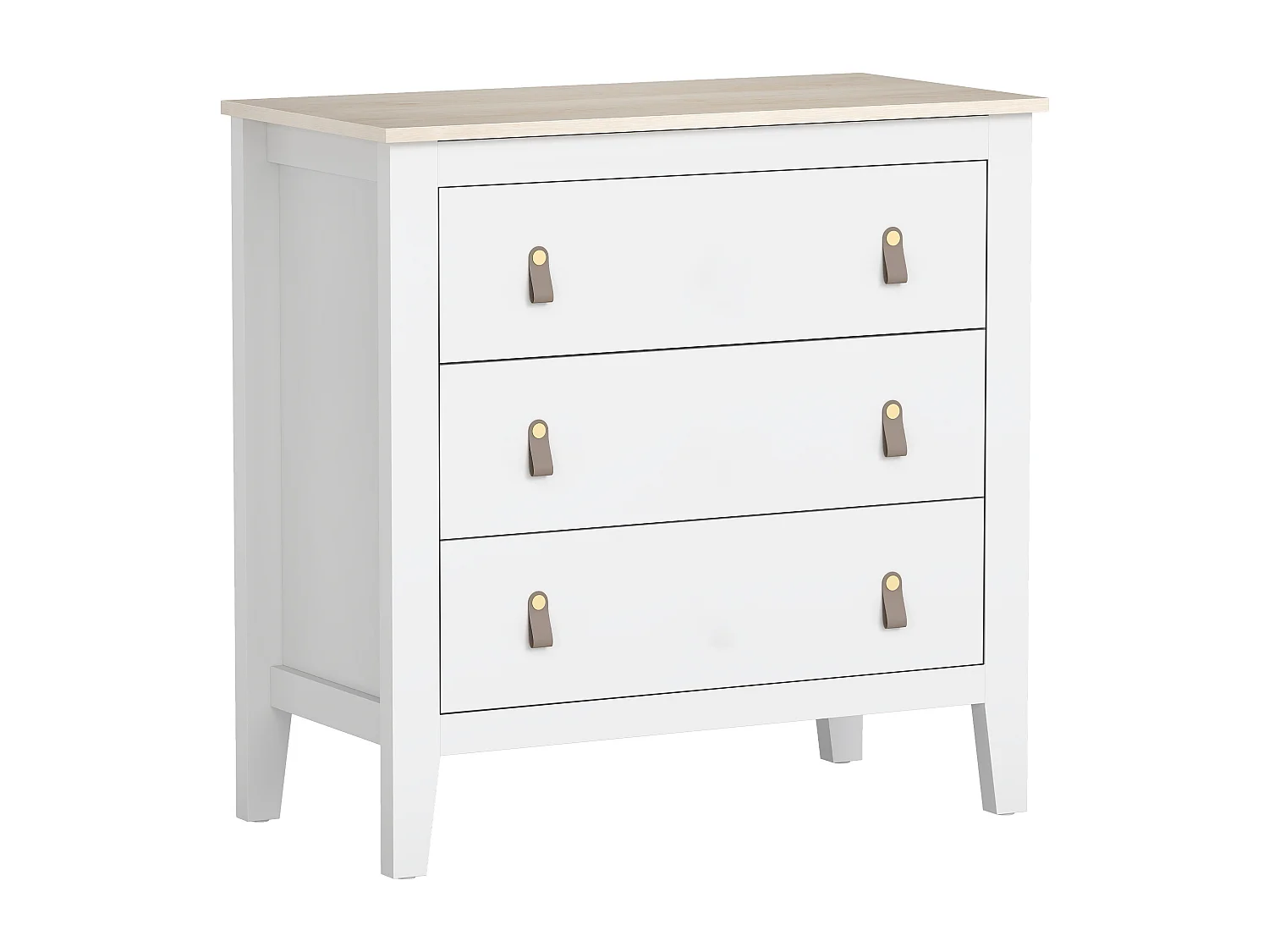 Commode 3 tiroirs sur pieds dim. 80 x 40 x 78 cm poignées PU métal doré blanc effet bois clair