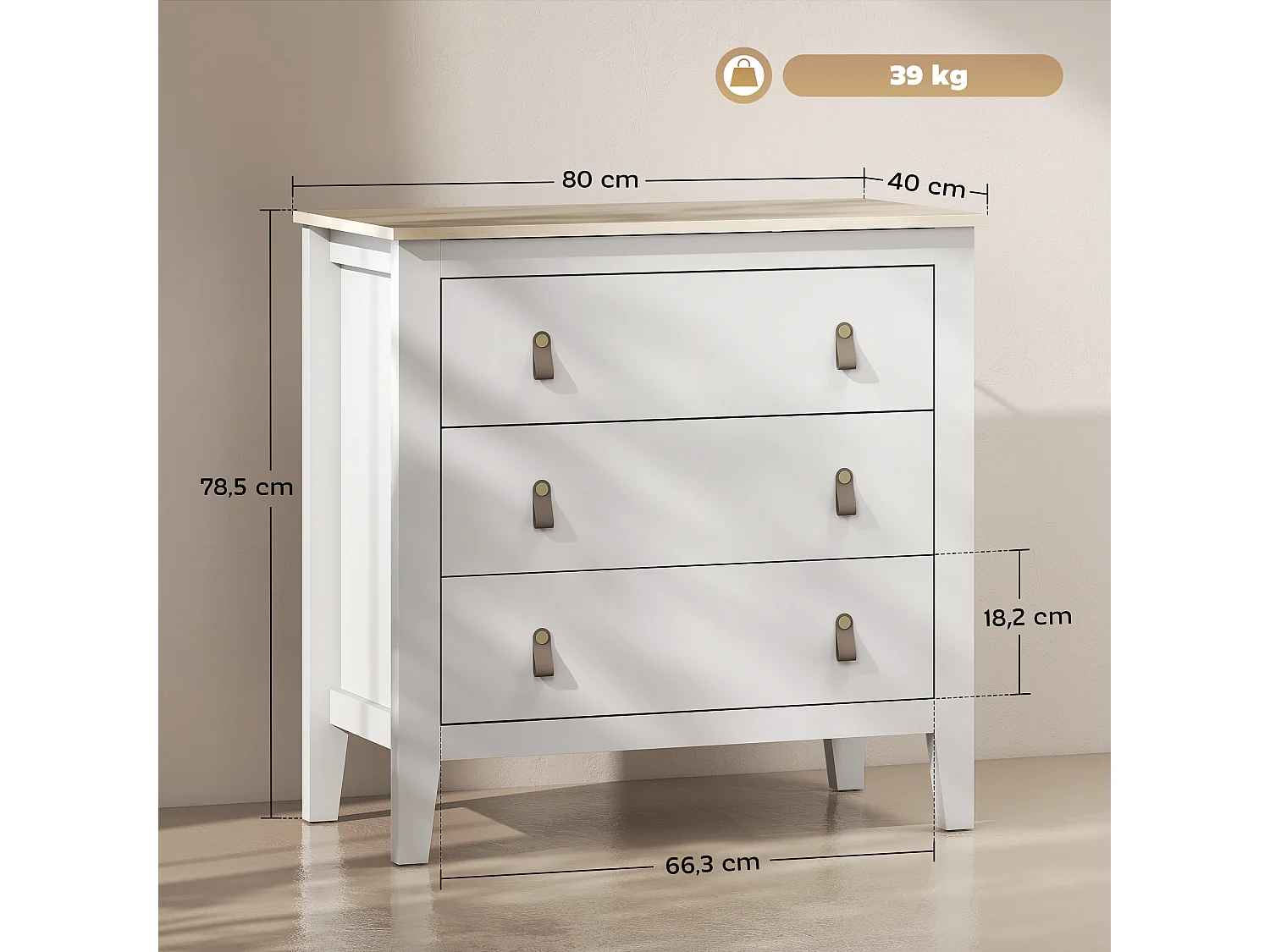 Commode 3 tiroirs sur pieds dim. 80 x 40 x 78 cm poignées PU métal doré blanc effet bois clair