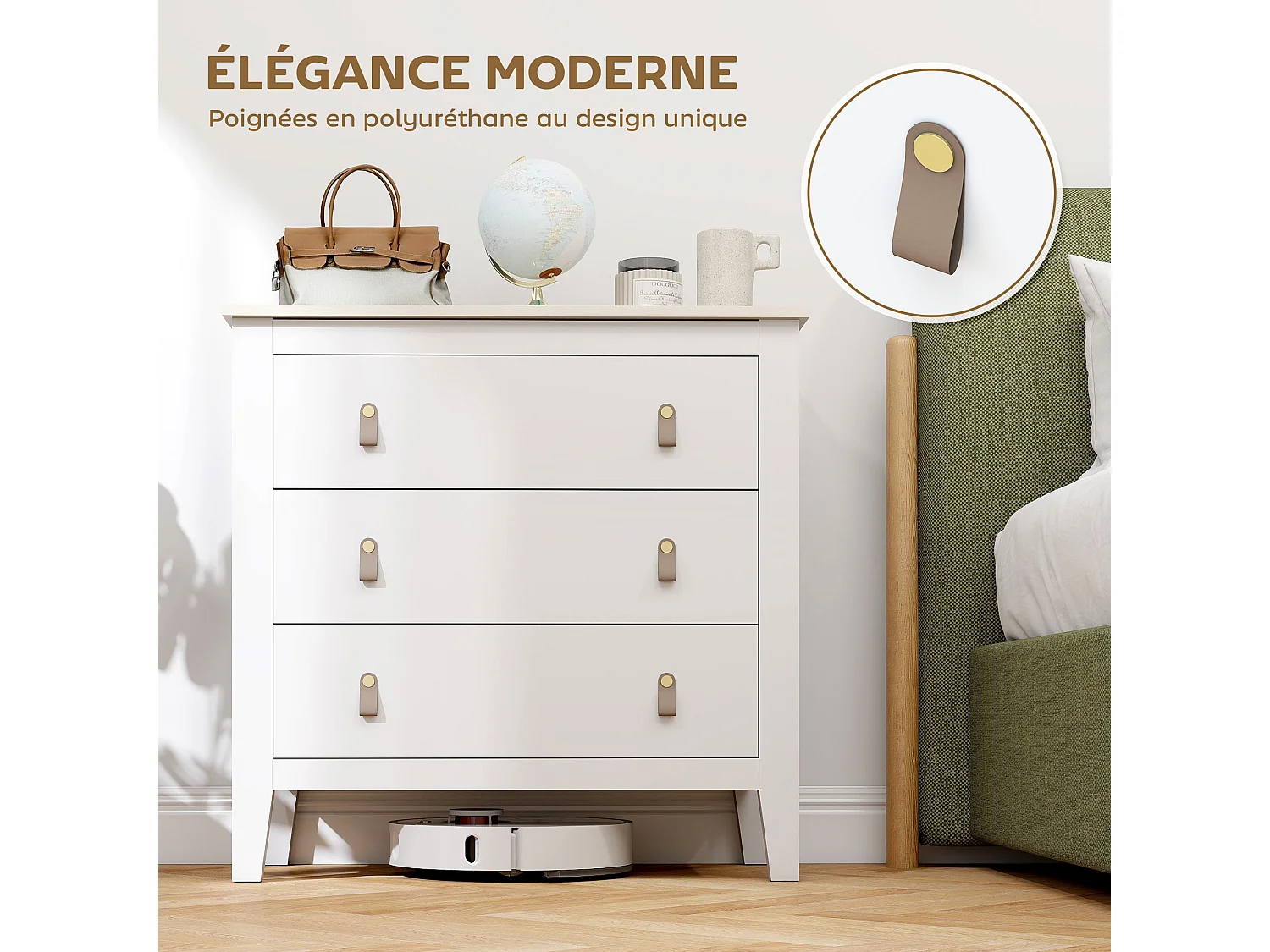 Commode 3 tiroirs sur pieds dim. 80 x 40 x 78 cm poignées PU métal doré blanc effet bois clair