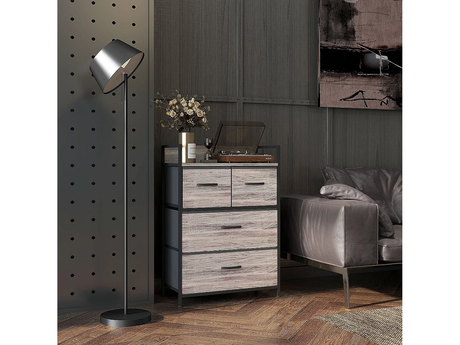 Commode style industriel - 4 tiroirs - acier noir non tissé plateau effet bois gris