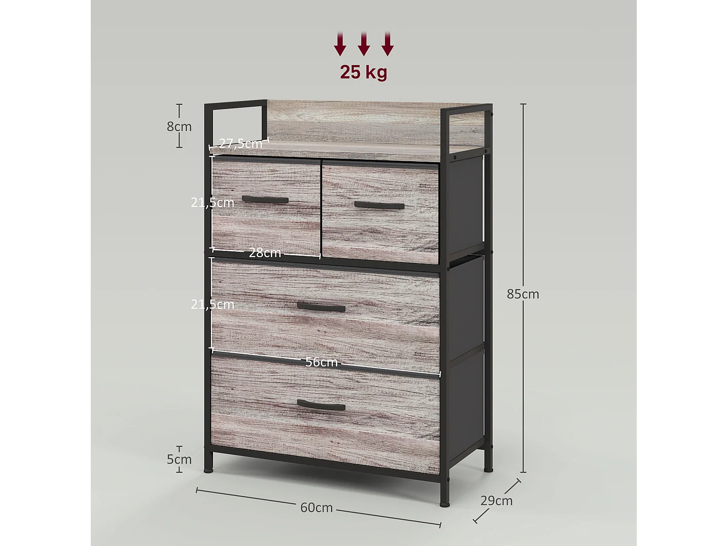 Commode style industriel - 4 tiroirs - acier noir non tissé plateau effet bois gris