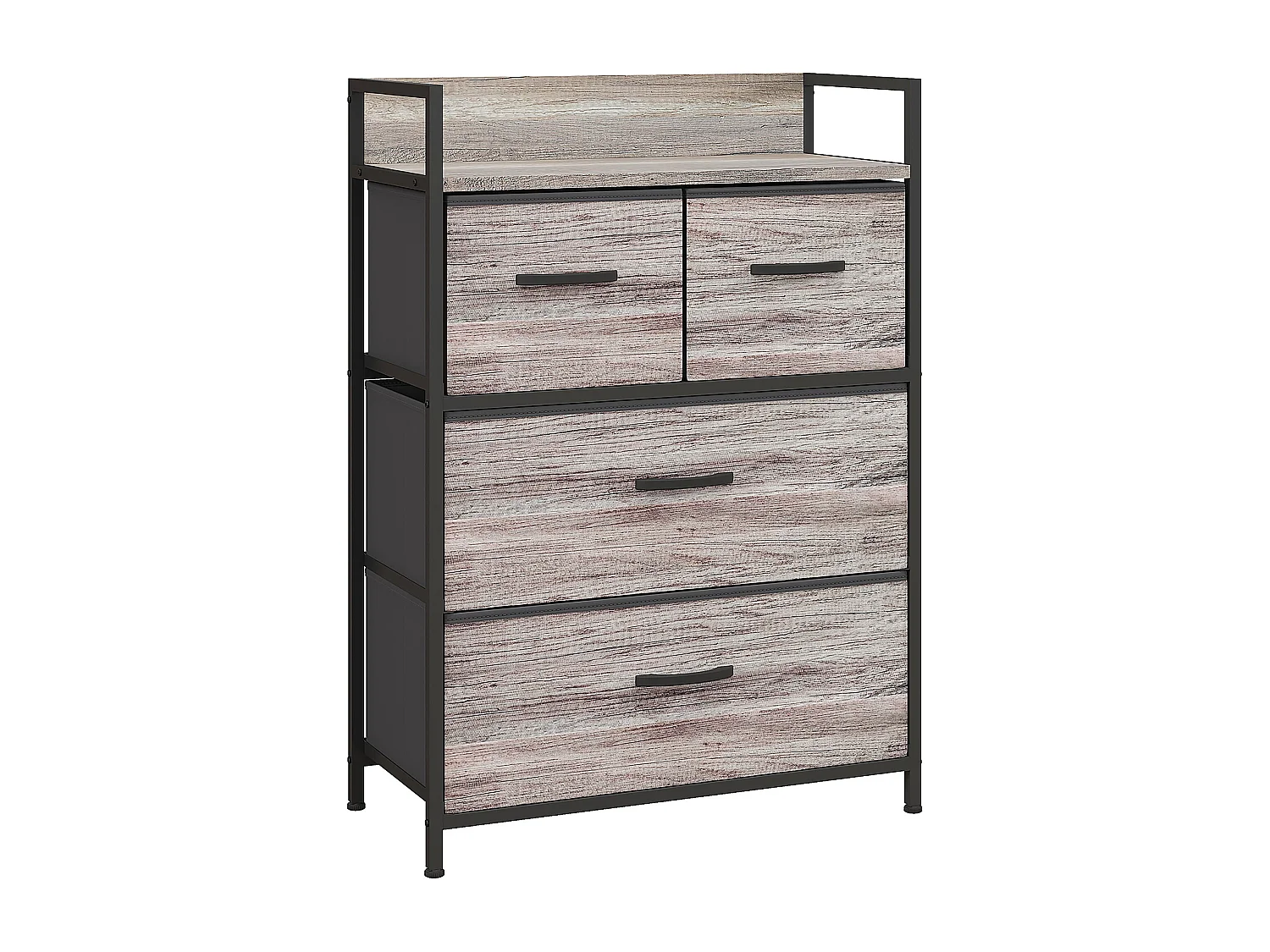 Commode style industriel - 4 tiroirs - acier noir non tissé plateau effet bois gris