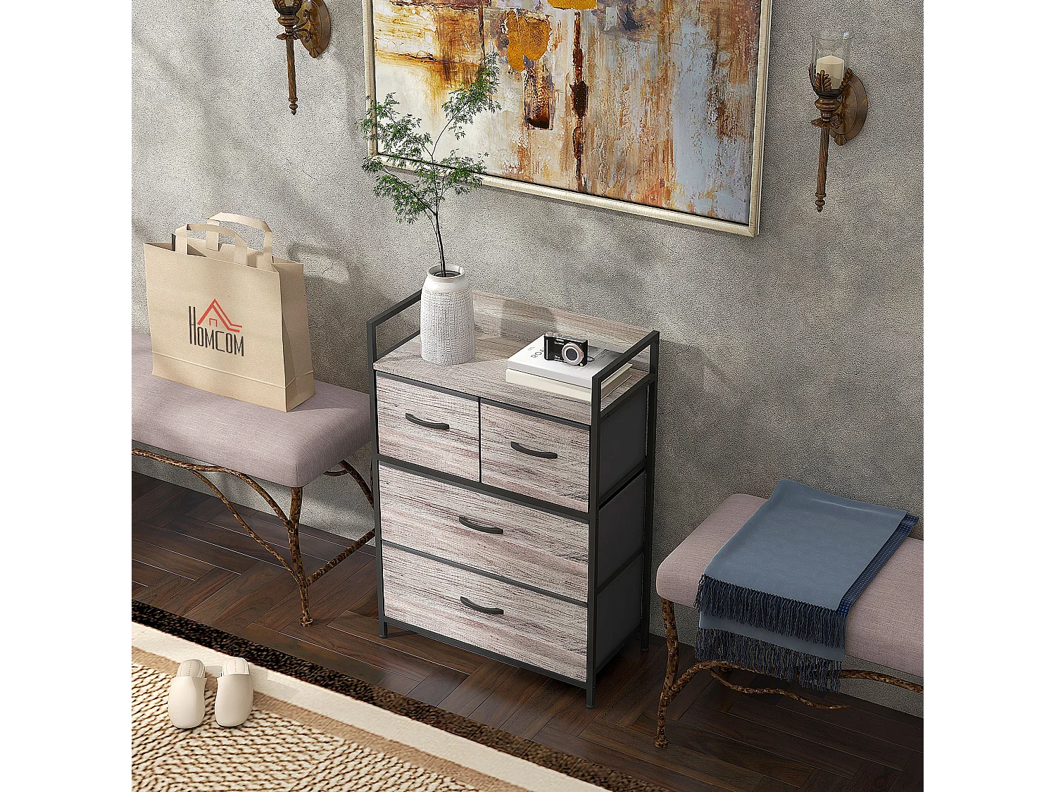 Commode style industriel - 4 tiroirs - acier noir non tissé plateau effet bois gris