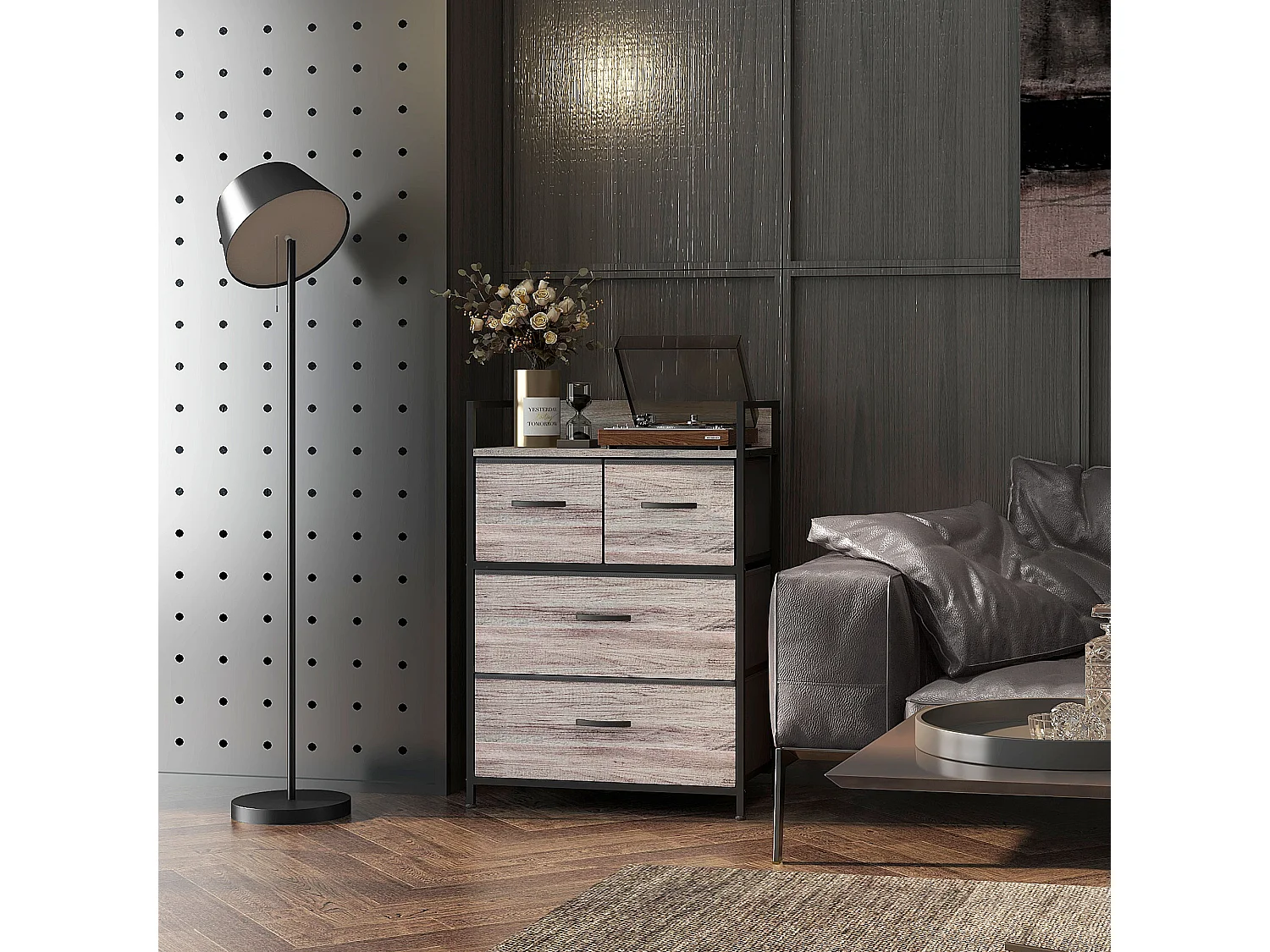 Commode style industriel - 4 tiroirs - acier noir non tissé plateau effet bois gris