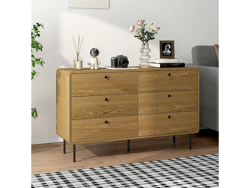 Commode 6 tiroirs style vintage effet bois coins biseautés piètement métal poignées bouton noir